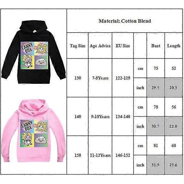 Lankybox Tryck Långärmad Huvtröja Barn Flickor Pullover Hooded Sweatshirt Tröjor-Perfekt Black 9-10 Years