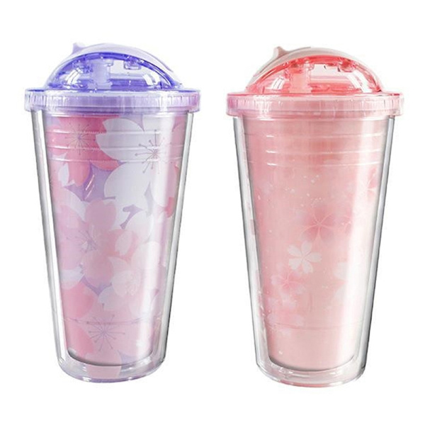 480 ml Sakura plastmugg med sugrör och lock BPA-fritt dubbelval - Perfet Pink