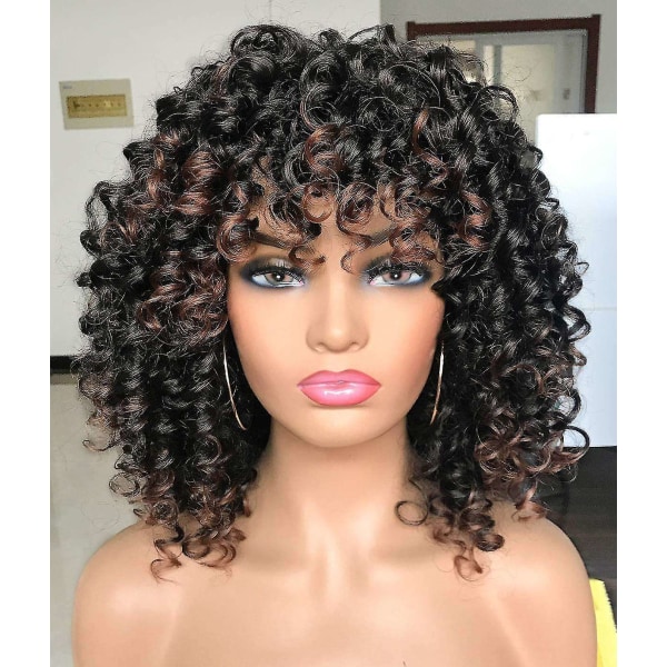 Afro Curly Parykker Sort Med Varm Brun Højdepunkter Bangs Parykker Med 2 justerbare stropper - Perfet