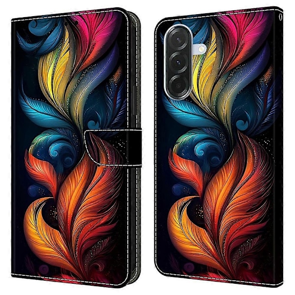 Kompatibelt med Samsung Galaxy A56 5G Läderfodral Mönstertryck Plånboksställ Flip Telefonfodral - Perfet Colorful Feathers