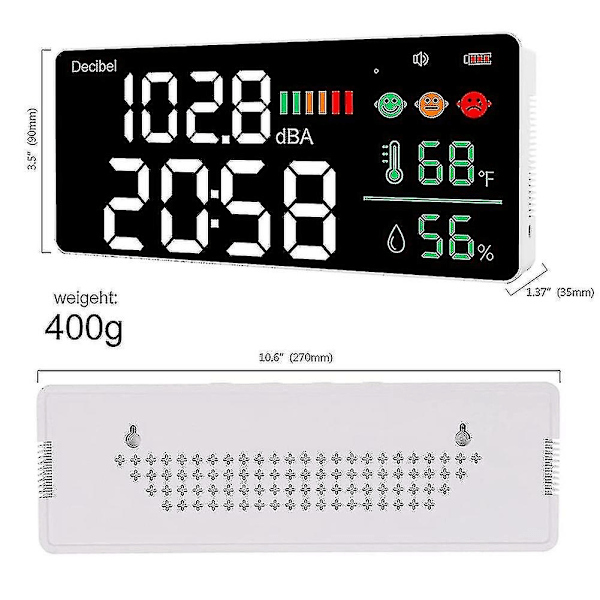 Decibelmåler Vægmontering Lydniveau Måler 30-130db Område 11 Tommer LED Display Støj Tid Temperatur-Perfekt