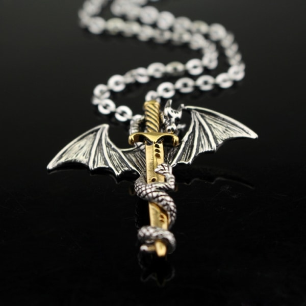 4st rostfritt stål glänsande båge Dragon Sword Pendant Chain Ne - Perfet Golden B