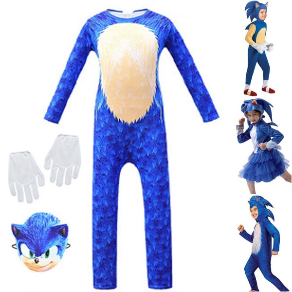 Sonic The Hedgehog Cosplay Halloween -vaatteet lapsille, pojille, tytöille - täydelliset Overall + Mask + Handskar 6-10 år = EU 116-140