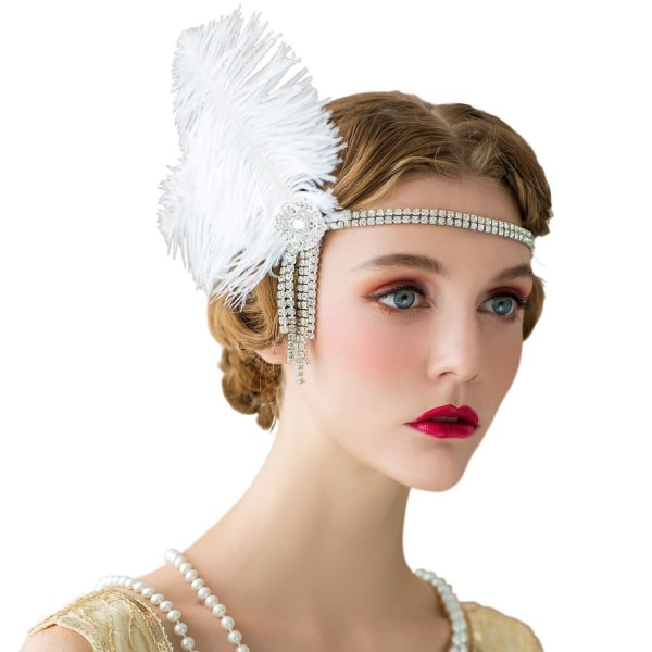 Flapper pannebånd for kvinner 1920-talls hodeplagg Great Gatsby-inspirert fjærhodebånd Cocktailparty Rhinestone-hårtilbehør - Perfet