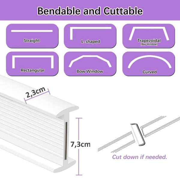 Fleksibel klippbar bøybar gardinskinne 1 meter 2-Pack