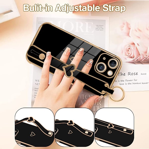 Söt glänsande pläterad phone case med handledsrem för iPhone 14 Pro Max, svart case - Perfet