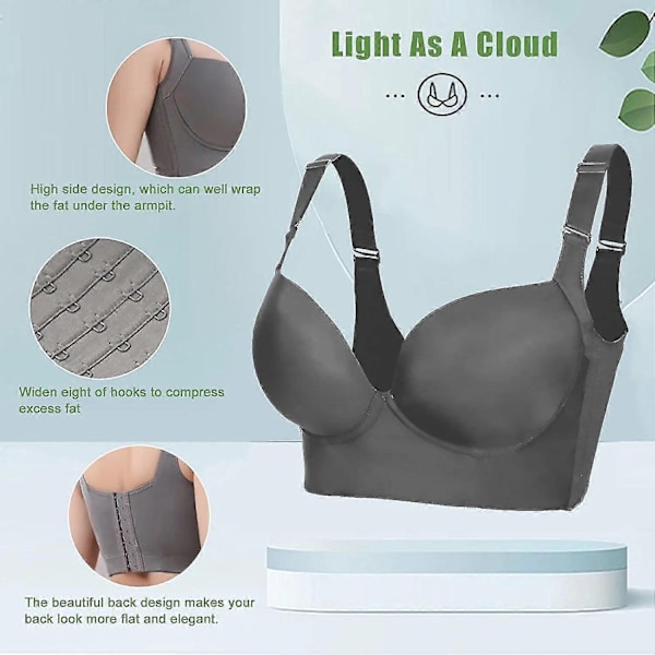 Push Up BH för Kvinnor, Fulltäckande BH med Bygel, Döljer Ryggfett Djup Kup BH, Utslätande T-shirt BH, Skulpterande Lyft BH - Perfekt Grey 46B