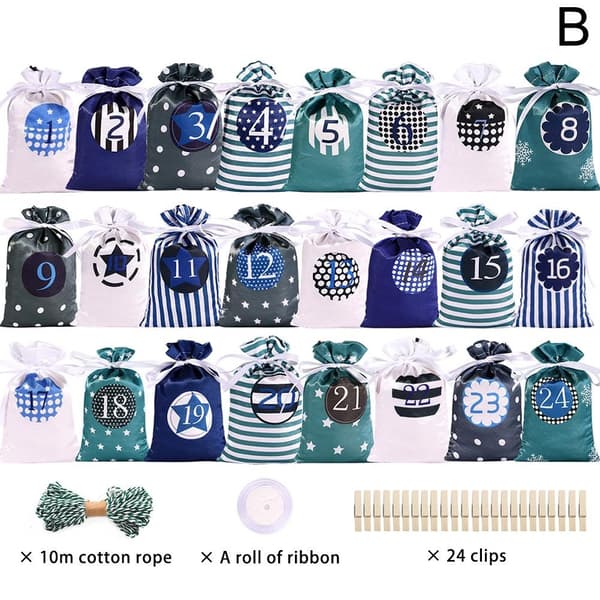 24 stk. Julekalender Gaveposer Snørepose Party D blue 24pcs