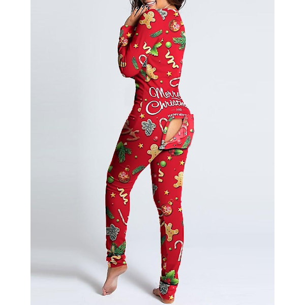 Sexy Pyjamas til Kvinder Julepyjamas Nytårs Jumpsuit Natskjorte Knapper foran Bagdel Åben Rumpe Flap Jumpsuit Juleprint Loungewear Pink S