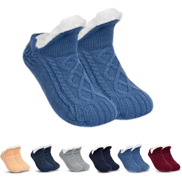 Varmfodrade halkfria inomhussockor, fleecesox - Fleecefodrade halkfria termiska tofflor, v-formade fluffiga toffelsockor - perfekta Blue S