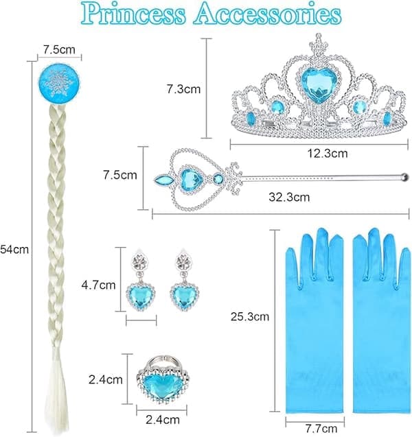 Elsa prinsessekostyme for jenter, 9-delt sett inkludert krone, hodeplagg, hansker og tryllestav, egnet for jul, kostymefester, karneval, Halloween 100cm