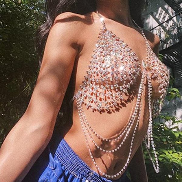 Boho Rhinestone Mesh Tyg BH Kedja Silver Layered Kristall Bröst Kedja Tofs Bikini Body Smycken för kvinnor - Perfet