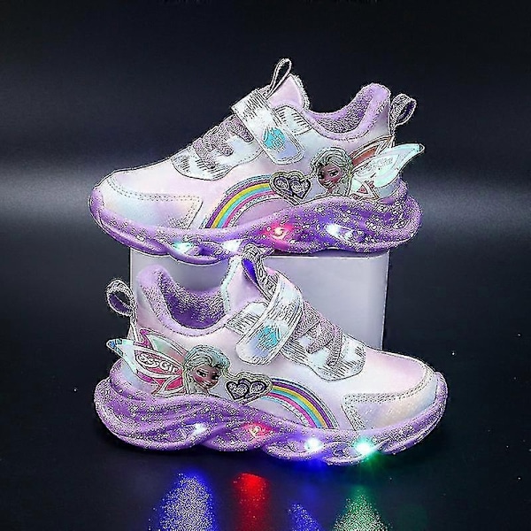 Flickor LED Casual Sneakers Elsa Princess Tryck Utomhusskor Barn Lysande Halkfria Skor för Vår och Vinter-Perfekt Purple P 37-insole 23cm