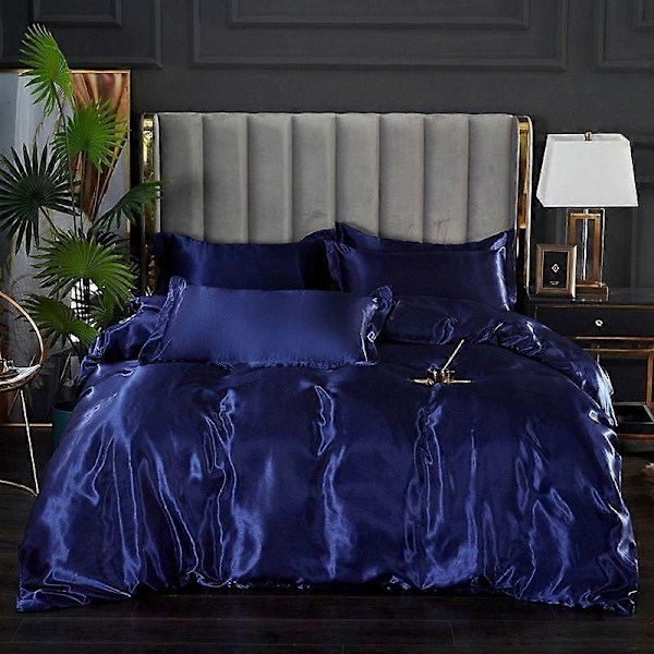 Minglan yksivärinen silkkijäljitelmävuodevaatesetti, korkealaatuinen satiininen vuodevaatesetti, jossa on pussilakana, tyynyliina ja neliosainen setti - Perfet navy blue 150x200cm 4pcs