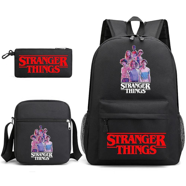 Stranger Things -reppu Kolmiosainen set Opiskelijoiden koululaukku Kangaslaukku Y DB- Perfet Black