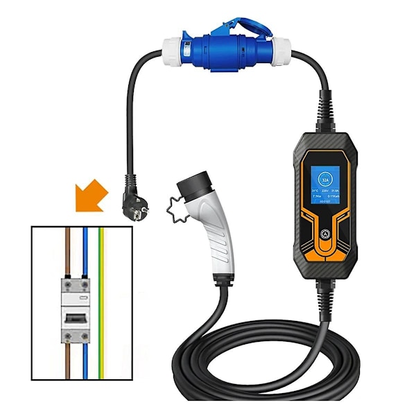 Ev-oplader hun-stik 3-bens adapter vandtæt forbindelse vægmonteret stikkontakt 32a 1-faset 7kw bærbar oplader eu-stik-perfekt