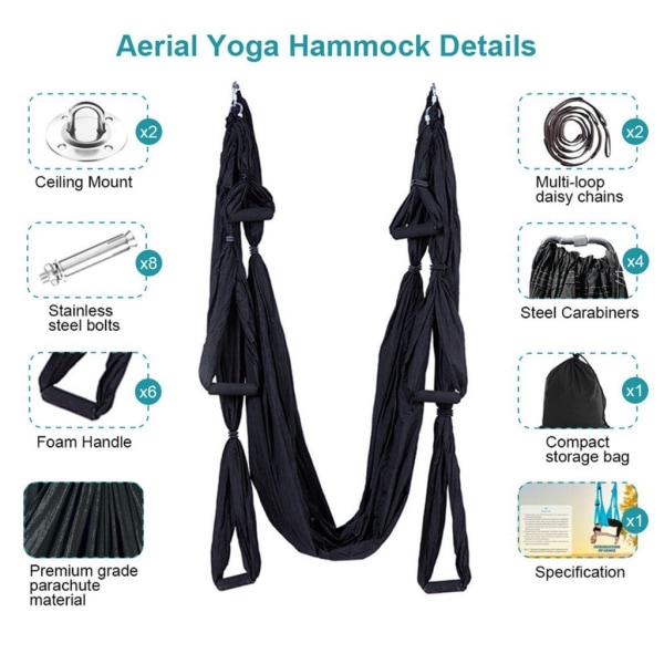 Aerial Yoga Hängmatta, Yoga Swing, Air Fly Hammock Set, Svart - Perfet