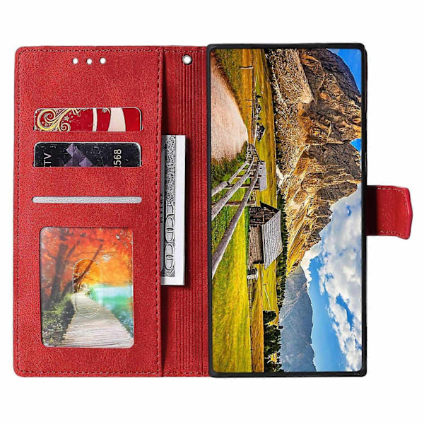 för Motorola Moto G15 4G Läderfodral Splitsning Sömmar Plånbok Ställ Telefonskal med Rem - Röd-Perfet Red