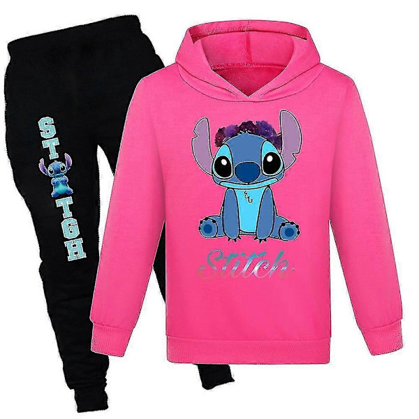 Barn Lilo och Stitch Hoodie Långärmad Träningsdräkt Set Sweatshirt Toppar Byxor Kläder Pojkar Flickor-Perfekt Rose Red 9-10Years