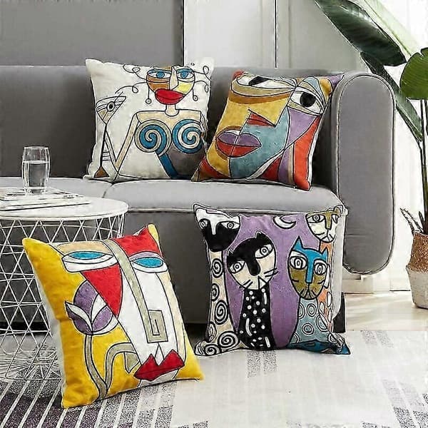 Broderede dekorative pyntepuder, bløde og hudvenlige, skandinavisk design linned pudebetræk til sofa, seng, Picasso design - Perfet
