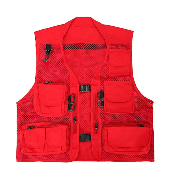 Multi Pockets Vest Men Summer Mesh Breathable Photography Waistcoat Reporter-Perfet Red XL