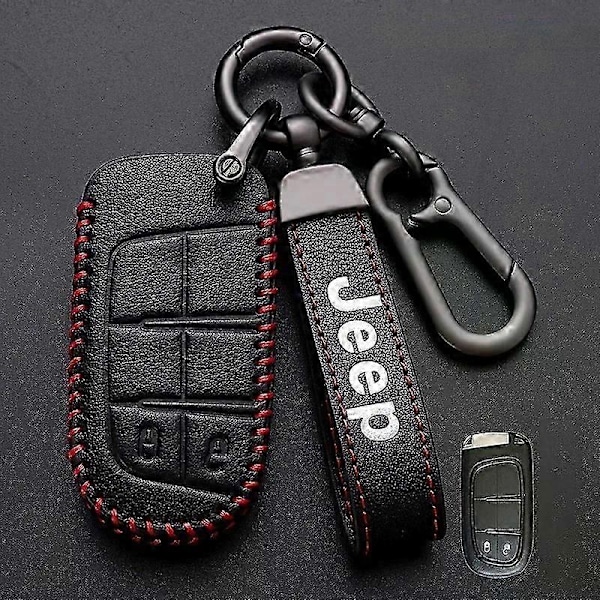Nytt Läder Bilnyckel Fodral Kompatibelt med Jeep Renegade Compass Grand Cherokee Kompatibelt med Chrysler 300C Wrangler-Perfekt A-black