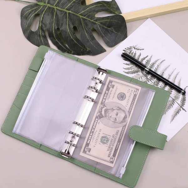 Binder Notesbog, Zip Pocket Binder Notesbog, A6 Budget Binder med 12 Binder Lommer og 21 Label Stickers (grøn) - Perfet