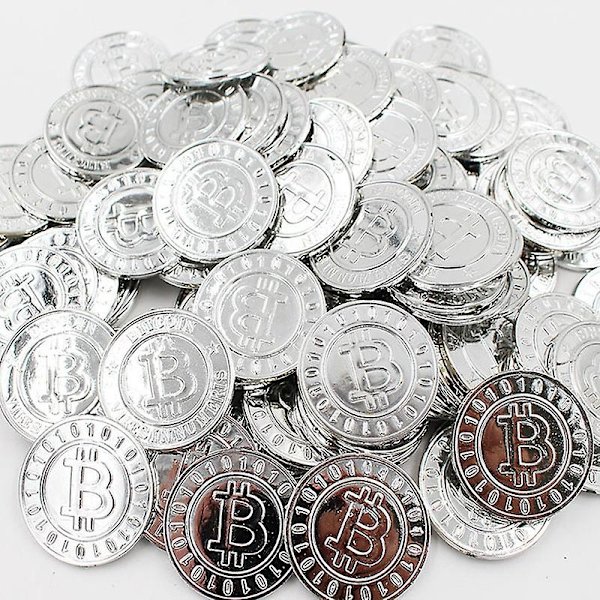 50 stk Plast Bitcoin Gull Skattmynter Kaptein Piratfest Piratskattkiste Barn Skattkiste Mynt Leke Penger-Perfet silver 10 pcs