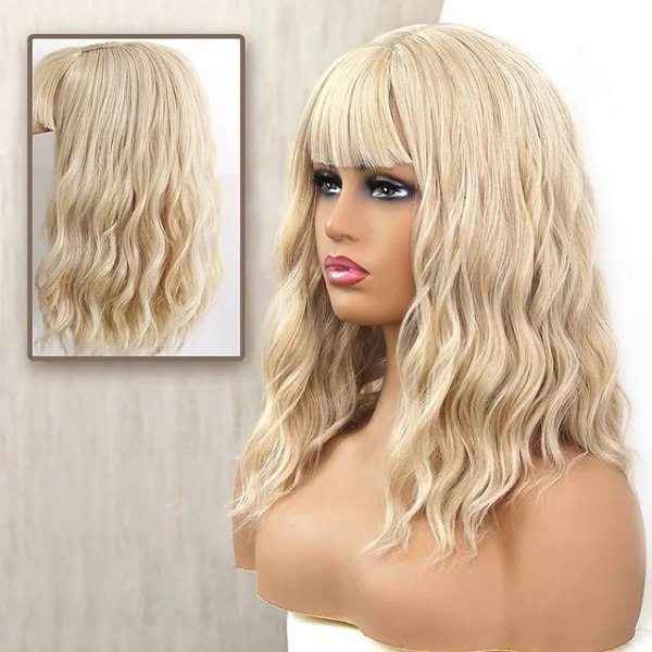 Blond Wave Wig With Bangs Syntetisk Cosplay - Perfet