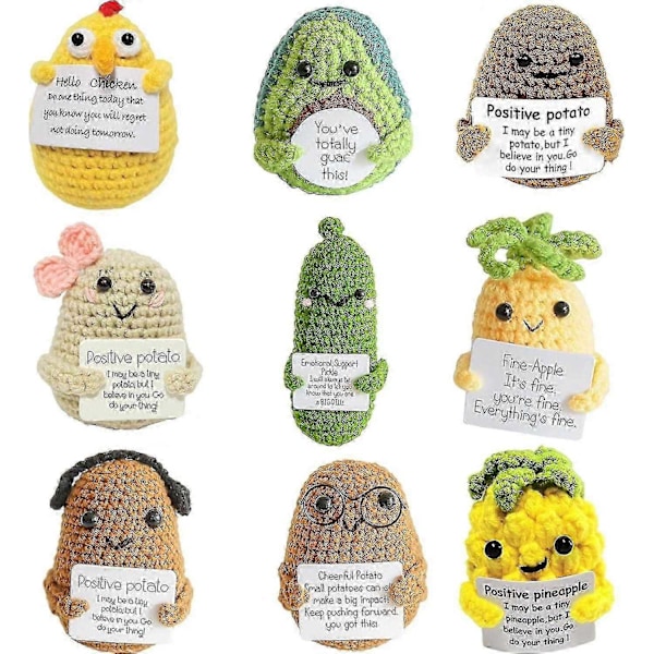 Mini Morsom Positiv Potet, mykt Ullstrikket leketøy 7,6 cm Søt Hekledukke med Positiv Kortdekorasjon Oppmuntring Støtte til Bursdag - Perfekt A-9pcs
