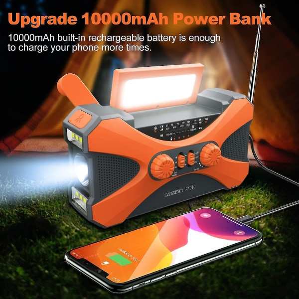 10000mah Nödradio Solar Handvev Radio Bärbar Am/fm/noaa Väderradio med Telefonladdare Ficklampa-Perfet Orange