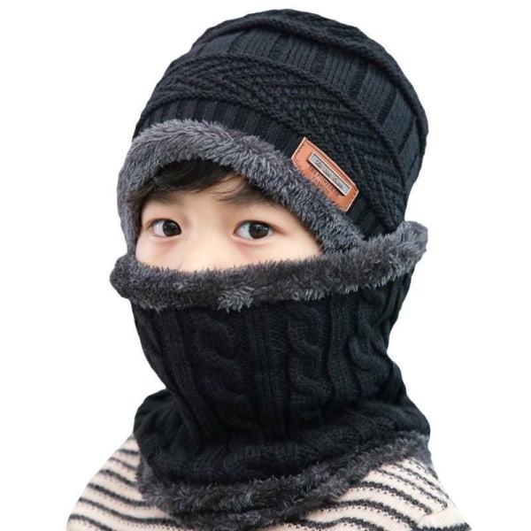 Børn Børn Vinter Varm Strikket Solid Ski Beanie Tørklæde - Perfet Black