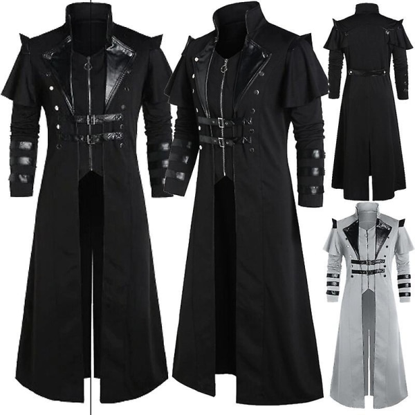 Steampunk Smoking Jakke til Mænd Gothic Coat Halloween Kostume - Perfet L Grey
