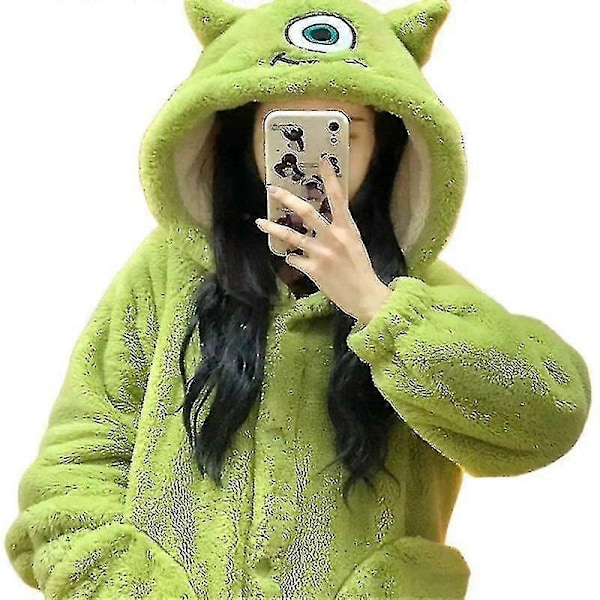 Uudet Söpöt Mike Wazowski Hupulliset Korallifleecet Pyjamat Kotipyjamat Ulkovaatteet Lämpöpyjamasetti - Täydellinen robe L