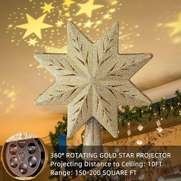 Christmas Star Tree Topper, Illuminated Star Tree Topper Guld juletræsstjerne med projektorlys - Perfet