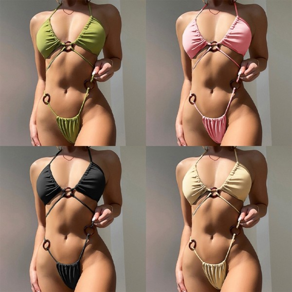 Naisten kaksiosainen seksikäs riimukaula korkealla leikattu set Push Up -bikinit, nauhalliset uimapuvut uimapuvut rantavaatteet - Perfet Black L