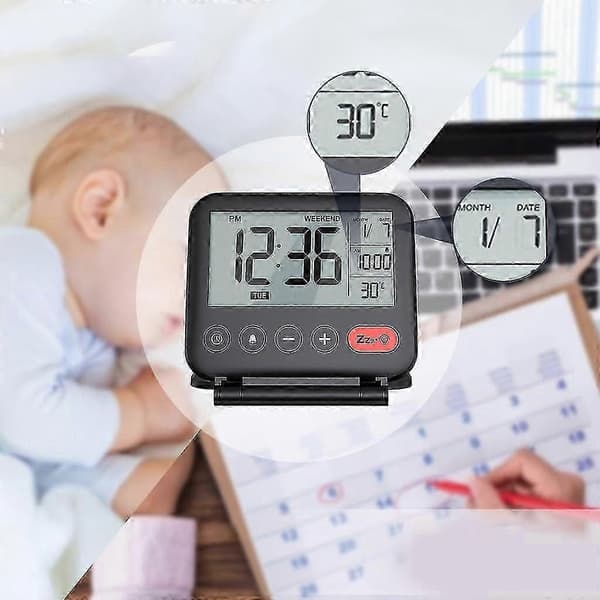 Vikbar Digital Reseväckarklocka Hopfällbar Sängklocka med Snooze-läge - Perfekt