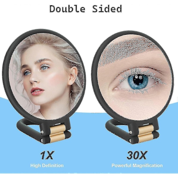 30X Forstørrelsesspejl til Rejser - Dobbeltsidet Håndspejl med 1X 30X Forstørrelse - Perfekt Black