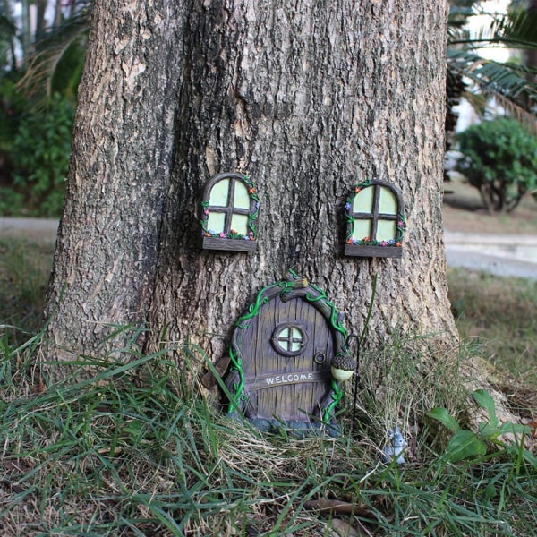 Fairy dør og vindue til træglødende miniature Fairy Garden udendørs indretning med bonus Fairy Lanterne Glød i mørket Noctilucent