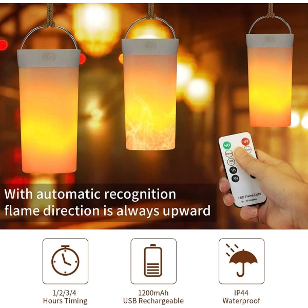 LED flamma lampa, USB laddningsbar flame nattlampa, vattentät