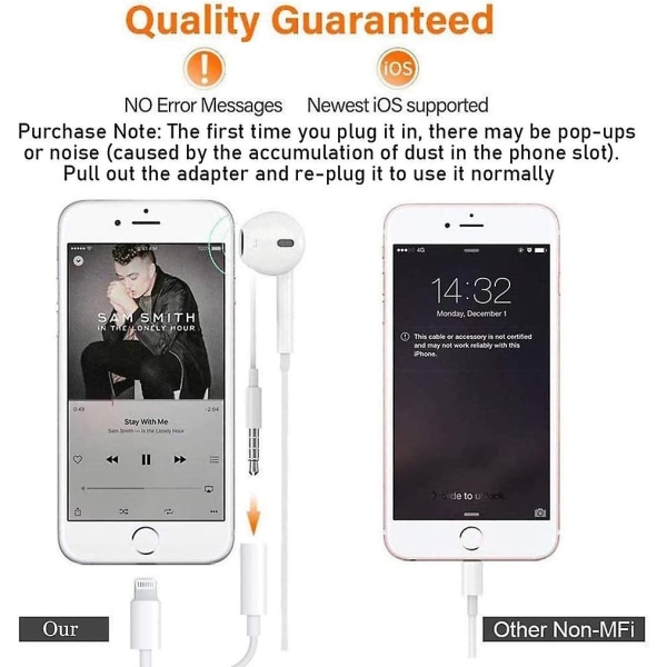 2-pack Apple Lightning till 3,5 mm hörlursuttag Adapterkontakt Aux Audio Hörlurar/Hörlursdongle Stereokabel för Iphone 7/7 Plus/8/8 Plus/x/xs