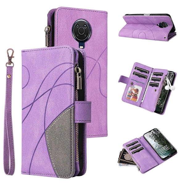 Plånboksfodral för Nokia G20/G10 med blixtlåsficka, nio kortplatser, PU-läder, magnetiskt spänne, kompatibel med Nokia G20/G10 - Perfekt Purple