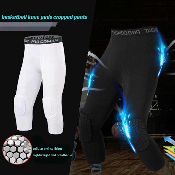 Menn Sikkerhets Anti-Kollisjon Bukser Basketball Trening 3/4 Tights Leggings med Kneputer Beskytter Sports Kompresjonsbukser-Perfekt white XXXL