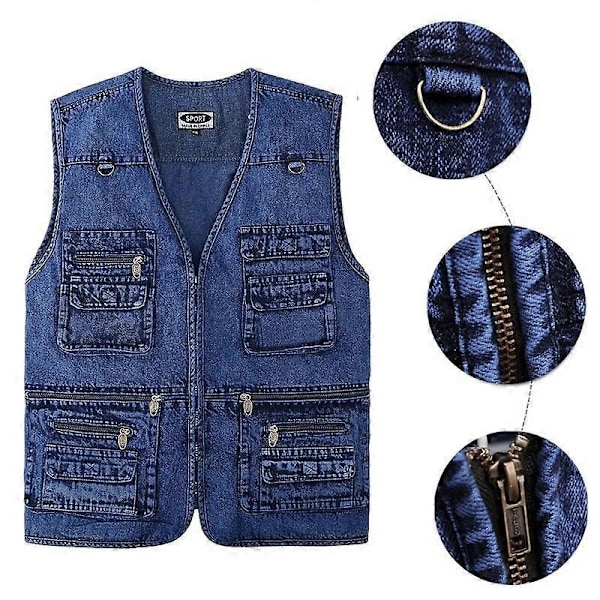 XL-7XL Plus Size Herr Jeansjacka Casual Kappa Många Fickor Ärmlös Väst Vår Höst Portabel Lös Väst Herrkläder-Perfet 7XL
