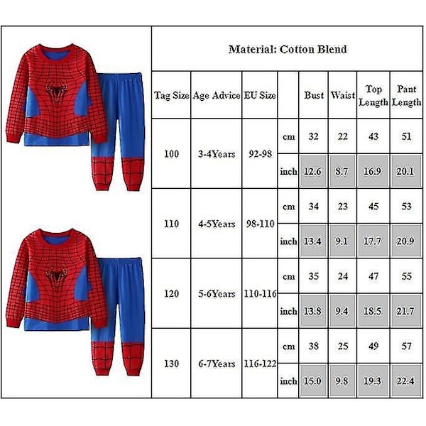 Lasten poikien Spiderman-supersankariprintti-pyjamat, pitkähihainen T-paita ja joggeri-housut, setti, yöasu - Perfet 4-5 Years