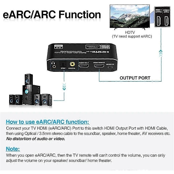 2x1 HDMI Switcher eARC Audio Extractor med ARC Optisk Toslink HDMI 2.0 Switcher 4K 60Hz HDMI Switcher Fjernbetjening til Apple TV PS4 - Perfet EU PLUG