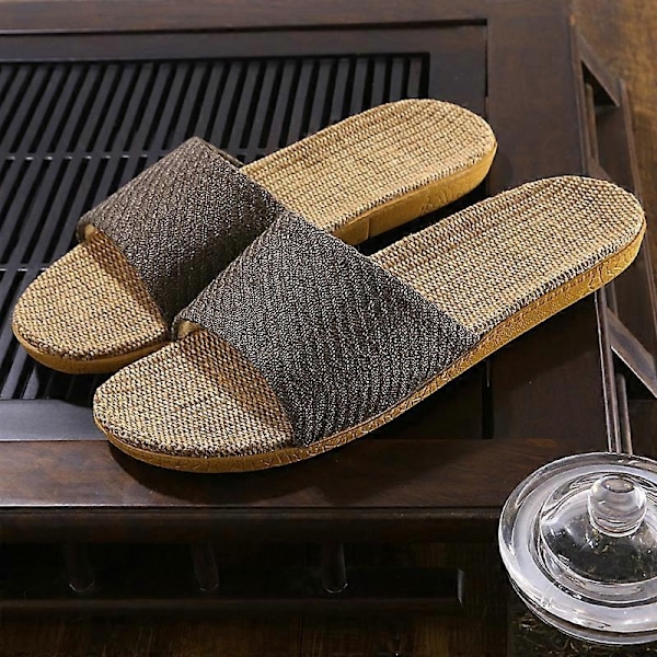 Par slippers i linne, tatami-stil, för hemmet, trägolv, halm, rotting, sommar, halkfria inomhusskor - perfekt Black Gray 42-43