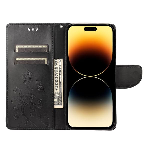 Butterfly Flower PU Etui Kompatibelt med iPhone 14 Pro-Perfet Black