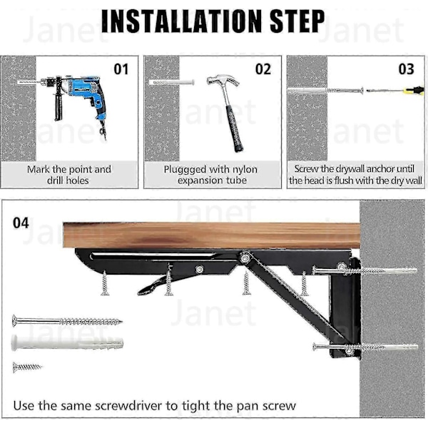 2 stk. Foldbare Hyllebraketter - Heavy Duty Metall Sammenleggbar Trekant Hyllebrakett, DIY Veggmontert Foldbart Bordhengsel, Plassbesparende for Benk Bord 12 inch 30CM