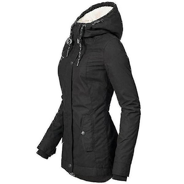 Vandtæt varm vinterjakke med hætte - tyk fleeceforet bomuldsjakke til kvinder - YH-Perfet Black 2XL